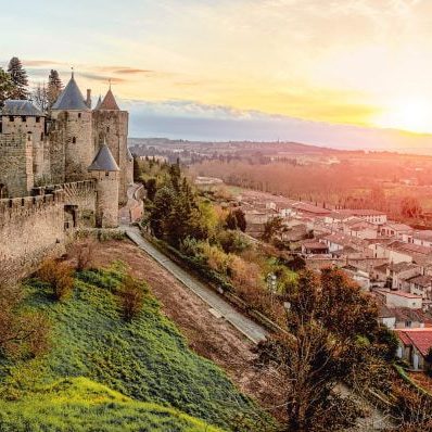 Carcassonne France Beautiful sunset landscape in the famous city in France 